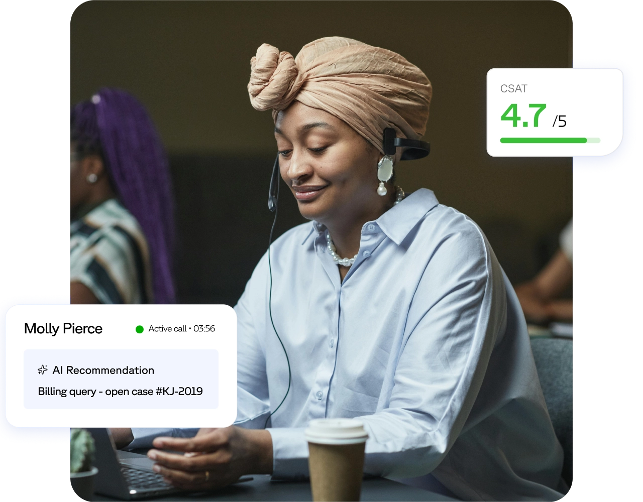 Woman with headset using a laptop. CSAT score 4.7/5.