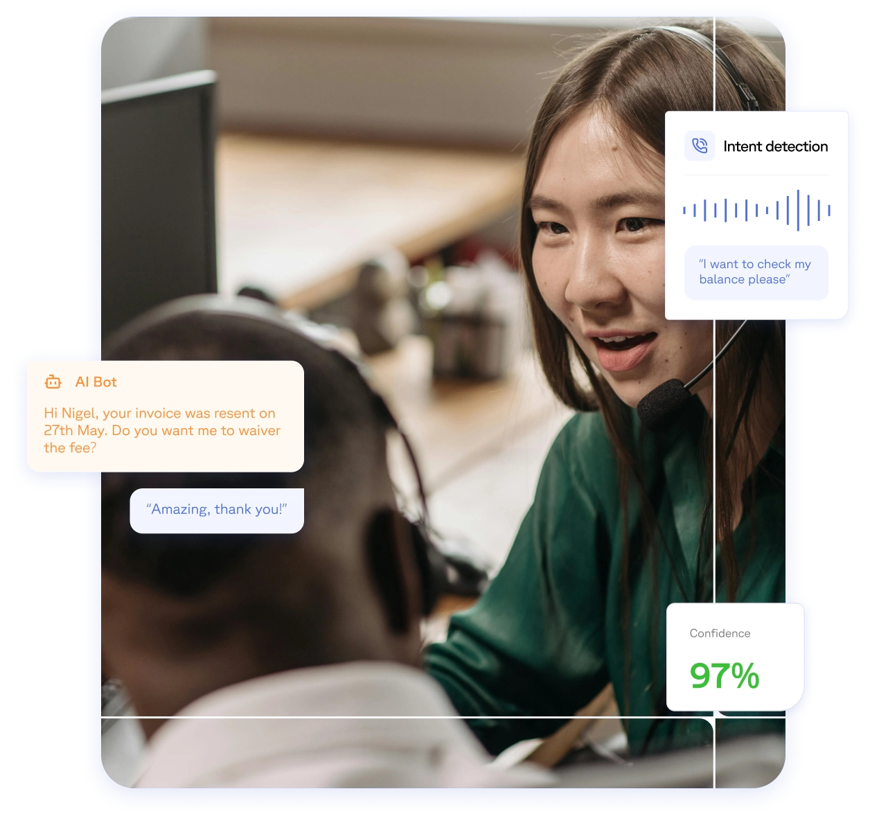 Two agents on headsets talking to one another. AI bot having a conversation with intent detection.